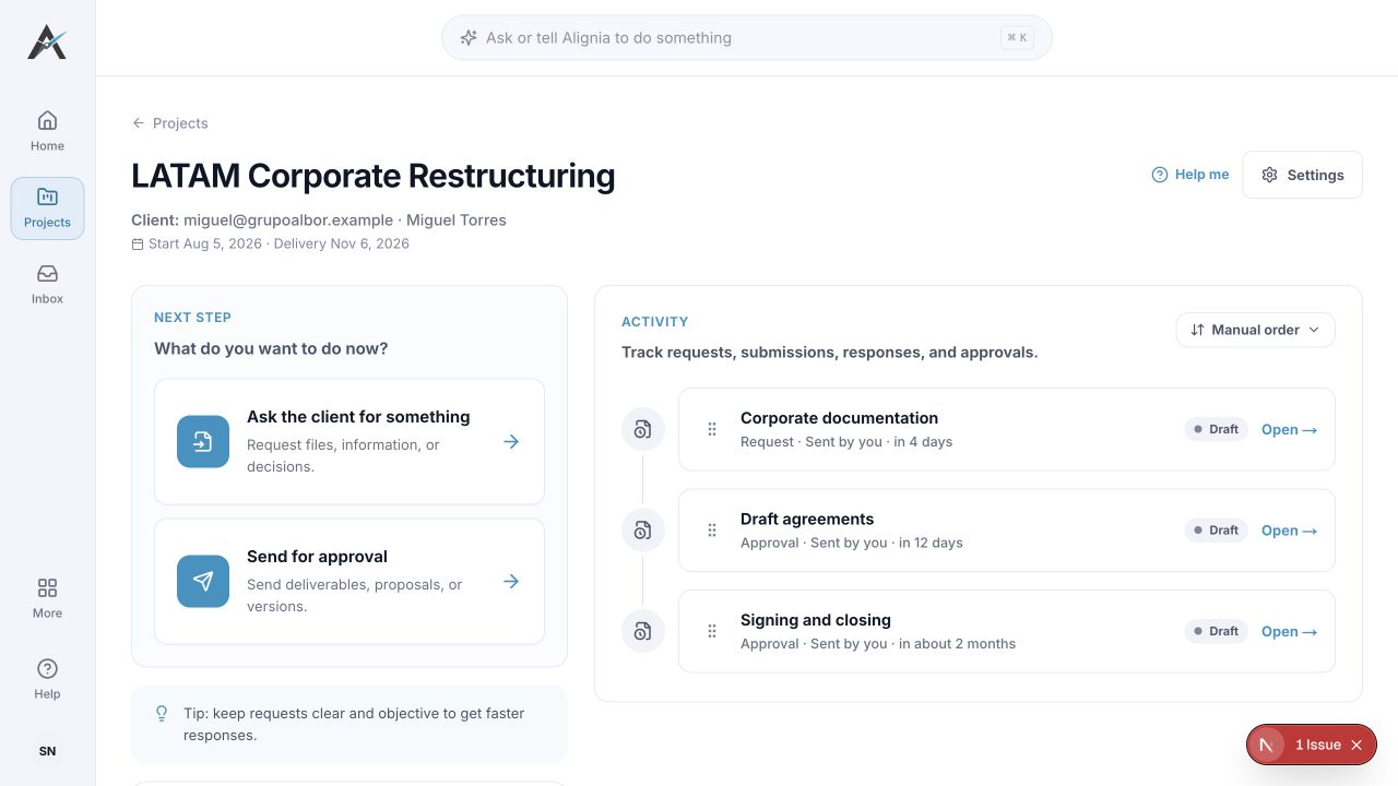 English legal project in Alignia with corporate documents, agreements and closing