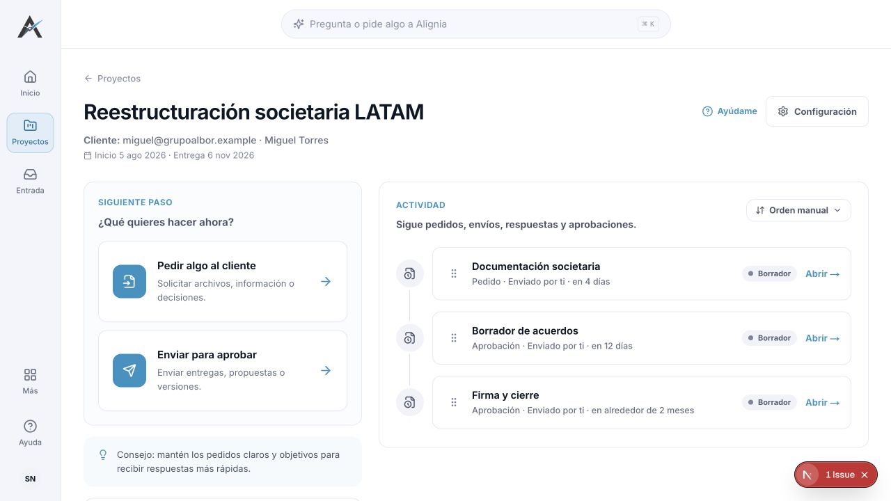 Proyecto jurídico en español en Alignia con documentación societaria, acuerdos y cierre