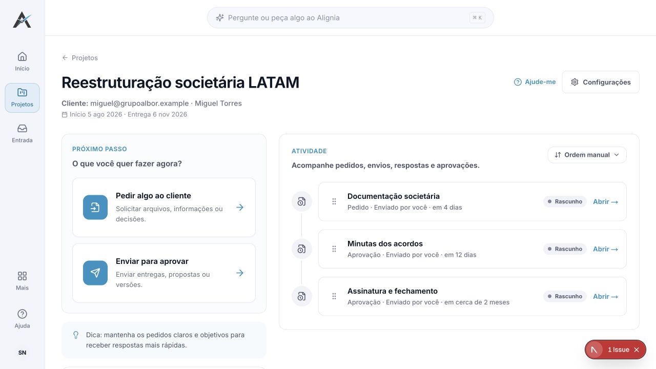 Projeto jurídico em português no Alignia com documentação societária, acordos e fechamento